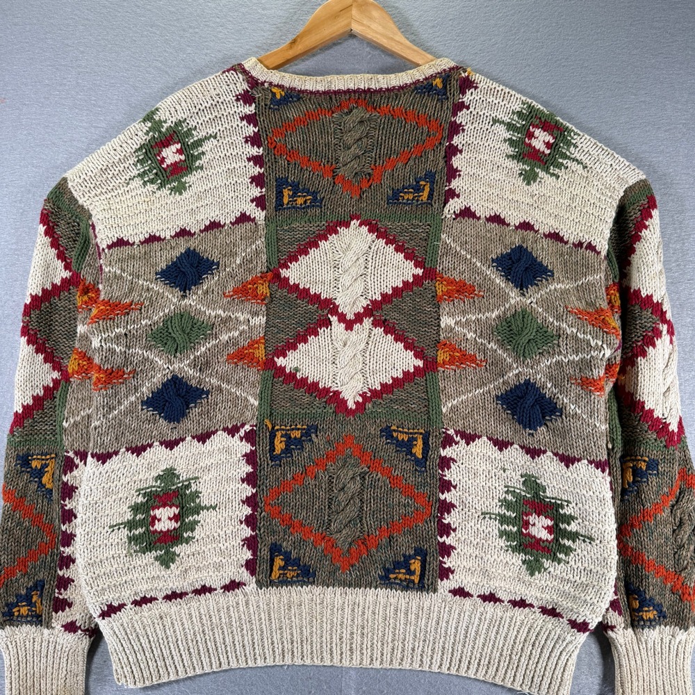 Vintage Boston Traders Hand Knit Cotton Sweater Mens Medium‎ Aztec Pattern - Picture 2 of 14